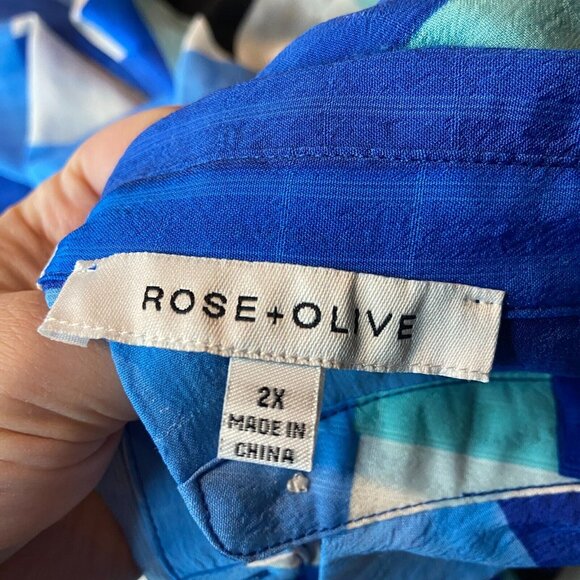 Rose & Olive Women 2X Geometric Print Blouse Retro Top Blue Flowy Button Up Boxy - Picture 4 of 9